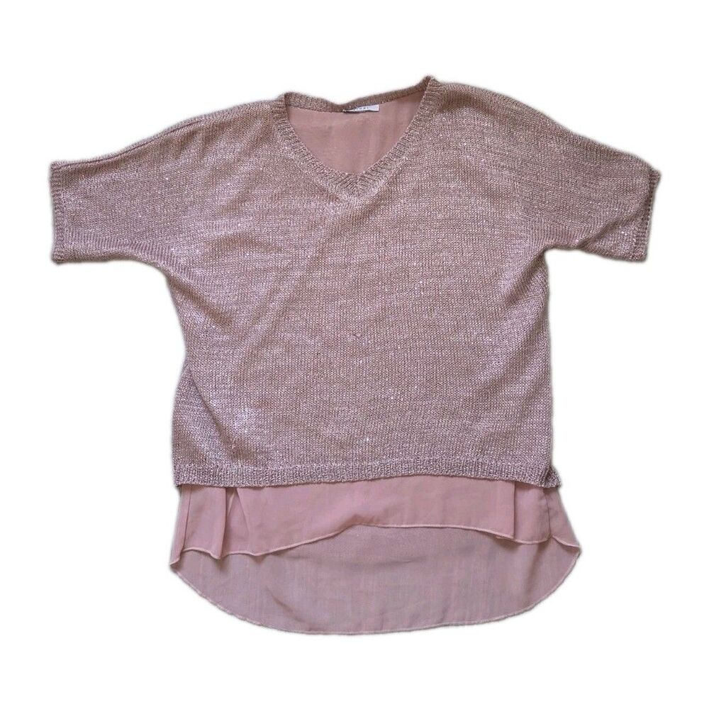 Sioni Metallic Knit Layered Top Blush Pink V Neck Chiffon High Low Hem Sz L GUC